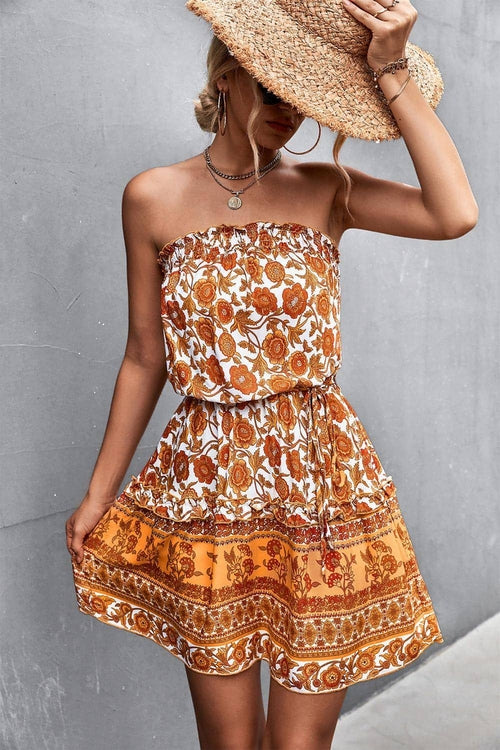 Women Boho Floral Strapless Maxi Dress