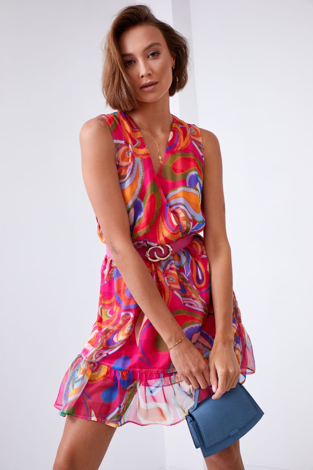 Light patterned dress with a belt, pink and dark blue 03040