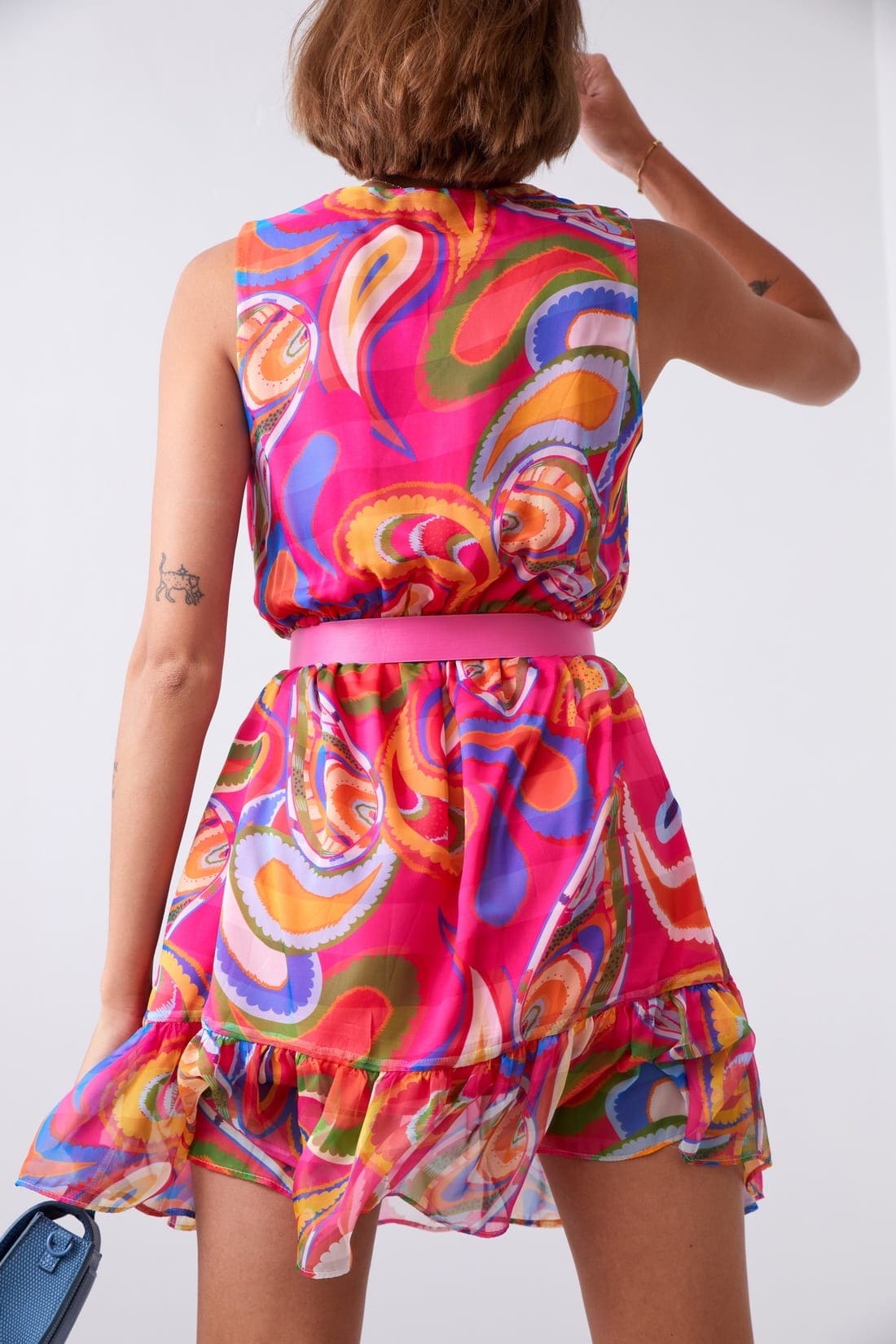 Light patterned dress with a belt, pink and dark blue 03040