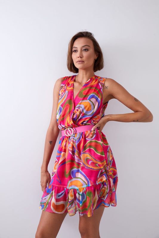 Light patterned dress with a belt, pink and dark blue 03040