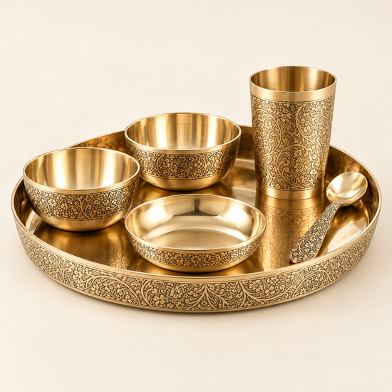 Gold Etched Thali Dining Set with 2 Bowls, Dish, Tumbler & Spoon