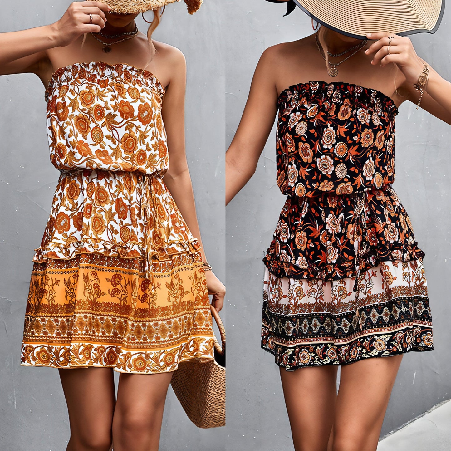 Women Boho Floral Strapless Maxi Dress