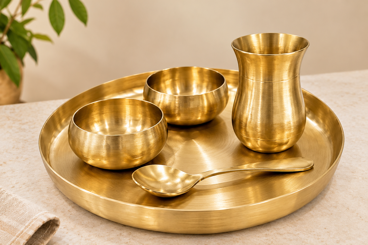 Curve Matte Kansa Thali Set with 2 Bowls, Glass & Spoon