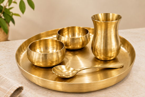 Curve Matte Kansa Thali Set with 2 Bowls, Glass & Spoon