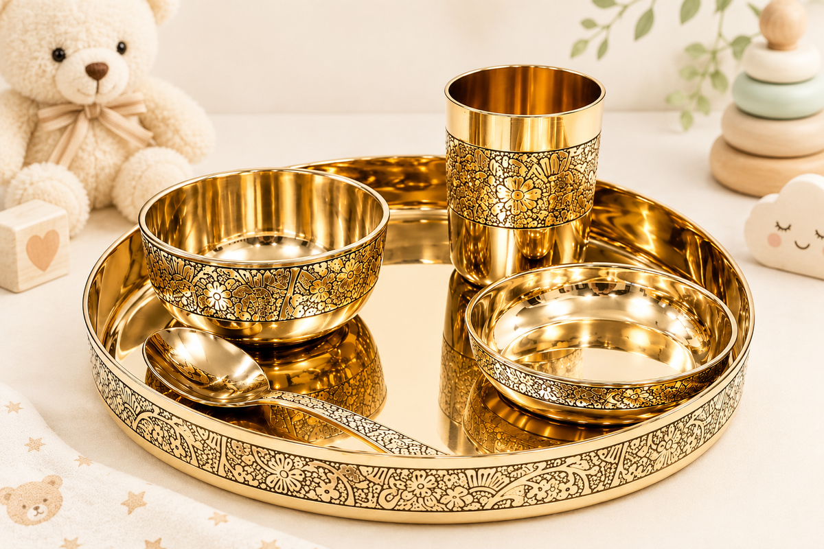 Baby Glossy Etching Thali Set Traditional Golden Dining Set