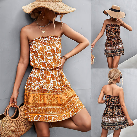 Women Boho Floral Strapless Maxi Dress