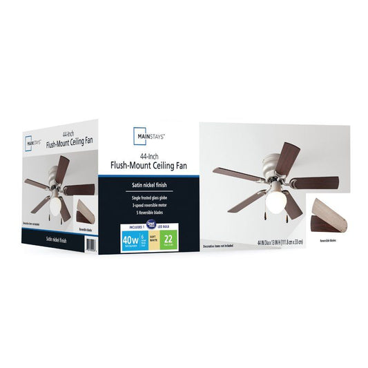 44 inch Hugger Indoor Ceiling Fan with Light Kit, Satin Nickel, 5